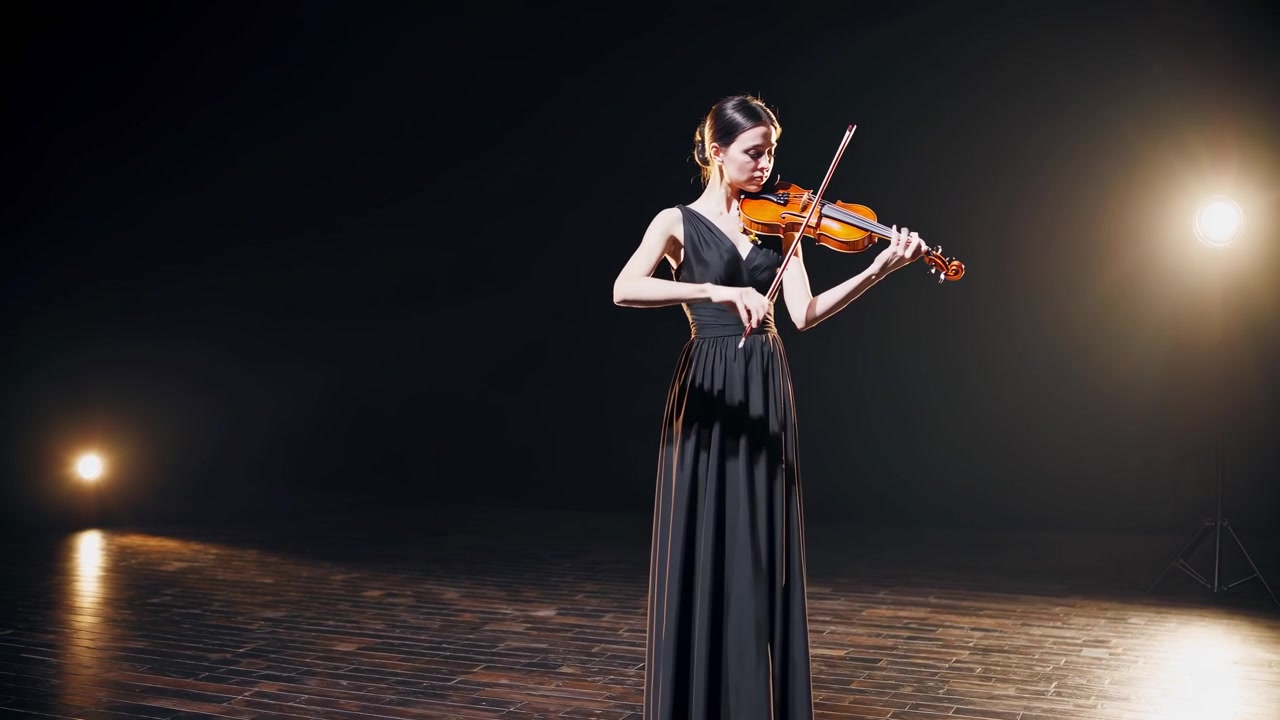 Donna elegante che suona il violino sul palco sotto i riflettori
