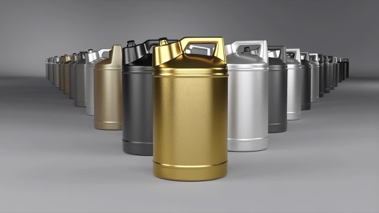 A row of industrial metal canisters with a prominent golden one in front