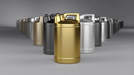 a row of industrial metal canisters with a prominent golden one in front