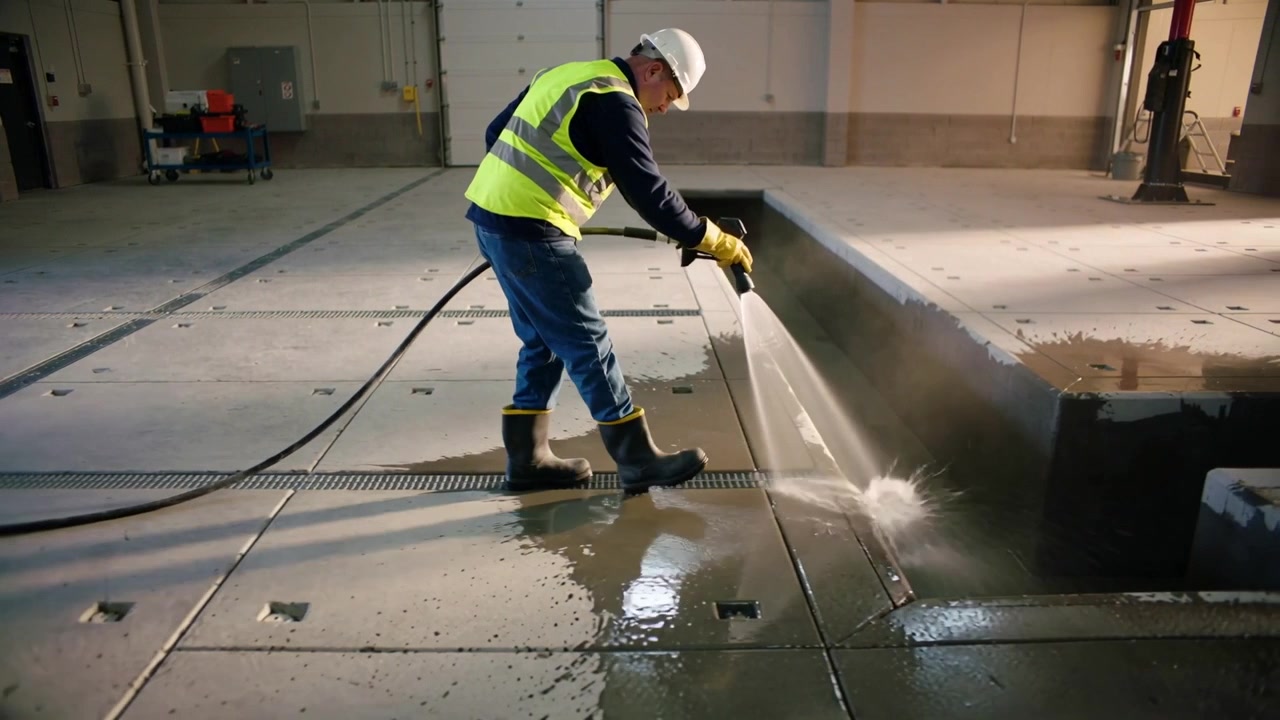 Turning on hose, worker in yellow vest cleaning seam in bay, pushing runoff into trench