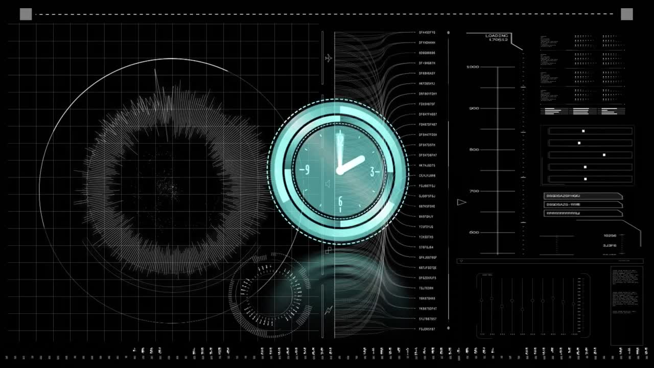 검은색 배경에 있는 데이터 위로 이동하는 시계의 애니메이션