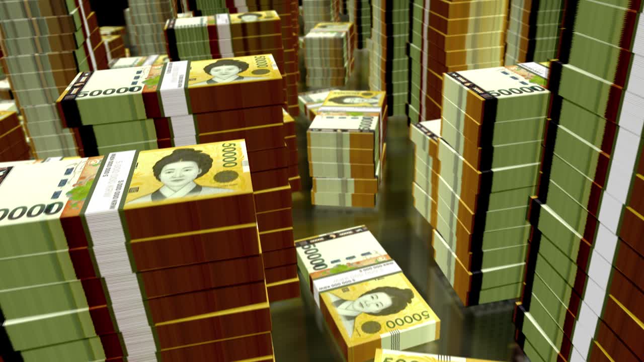 3d 비행: 남한 위를 날아다니는 돈, 지폐,, 루프 애니메이션