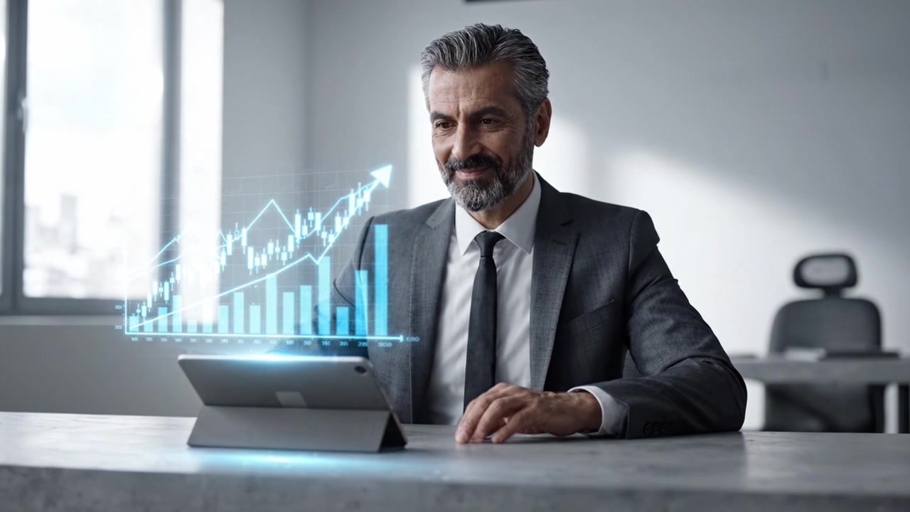 Professionista aziendale che analizza dati finanziari su un tablet con grafici di crescita e diagrammi in un ambiente d'ufficio moderno per il processo decisionale strategico.