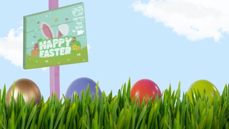 Animation-of-happy-easter-text-on-sign-multi-coloured-easter-eggs-in-grass-over-blue-sky