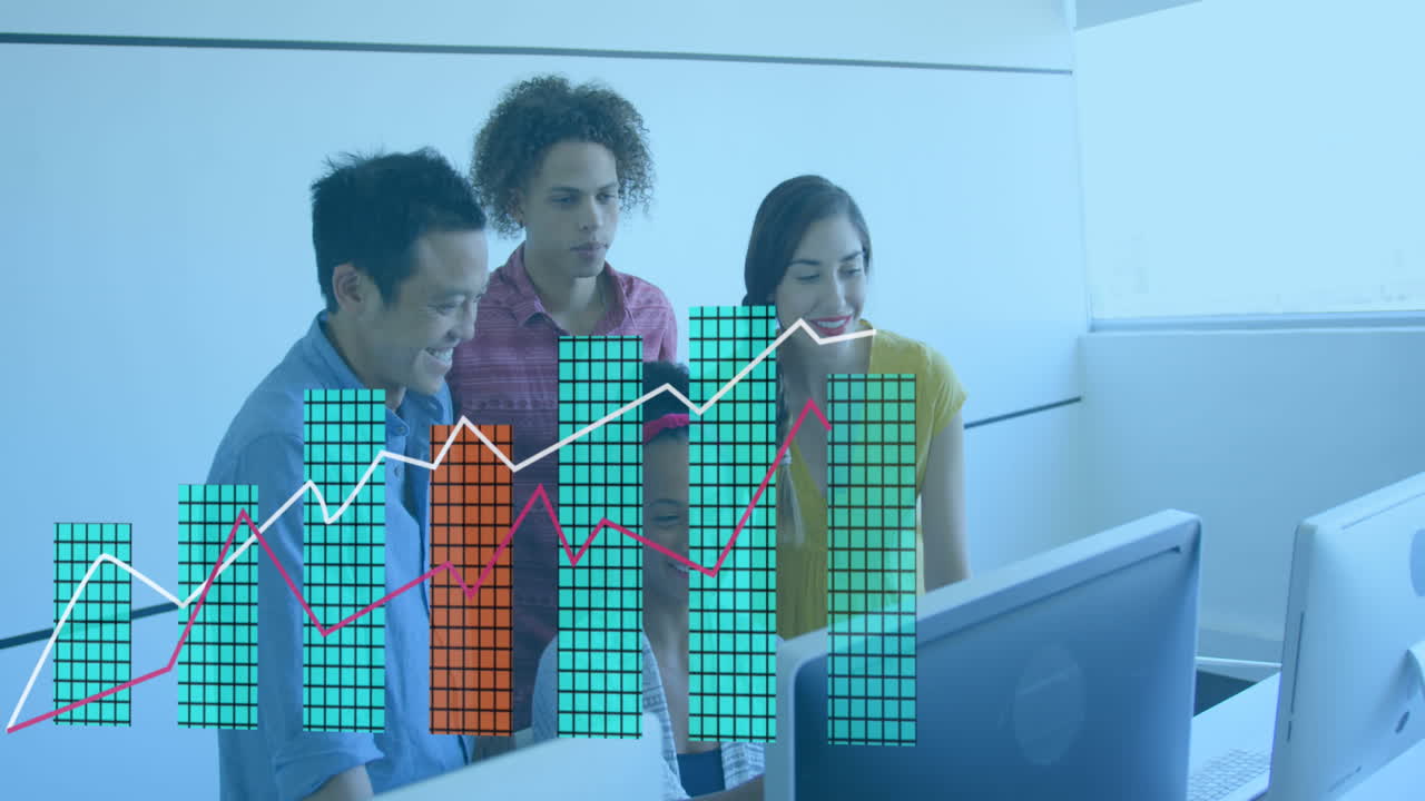 animación de múltiples gráficos sobre diversos compañeros de trabajo discutiendo en el escritorio en la oficina