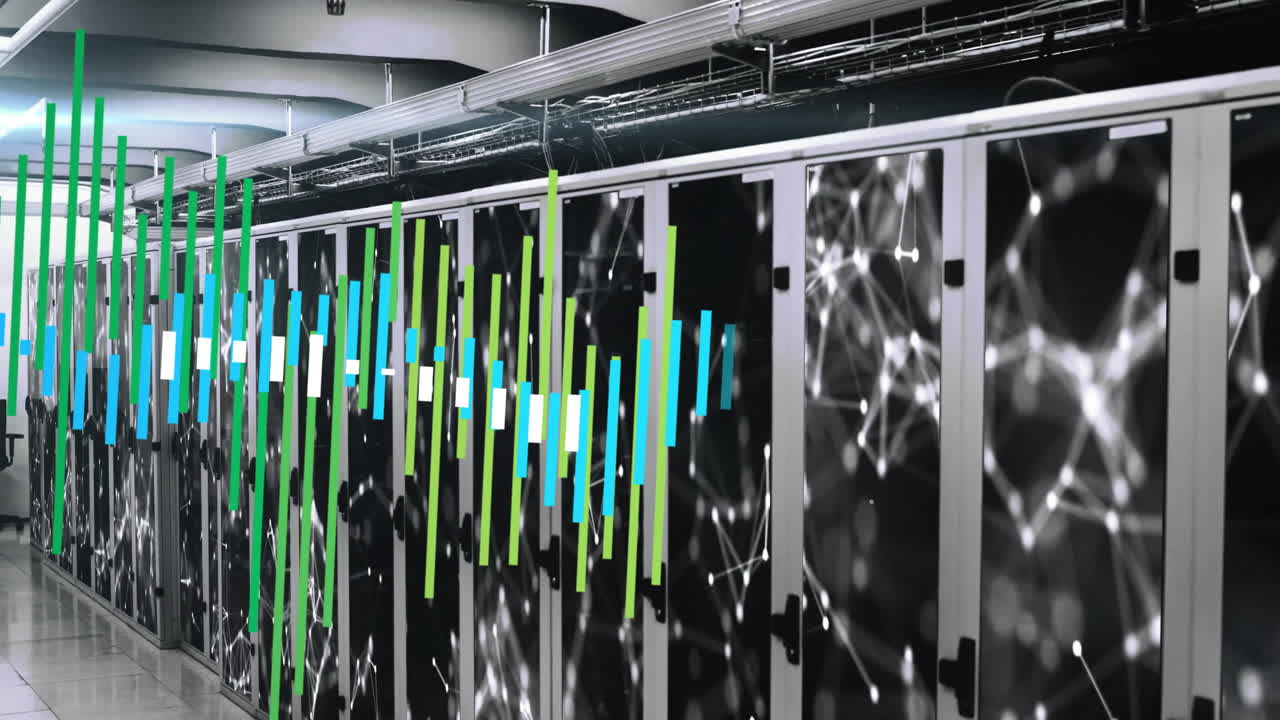 Data processing animation over server racks in data center, showing digital flow