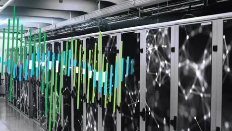 data processing animation over server racks in data center, showing digital flow