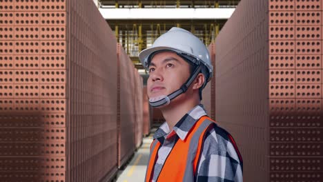 close up side view of asian male engineer with safety helmet looking around while standing with red brick packed in stacks are stored