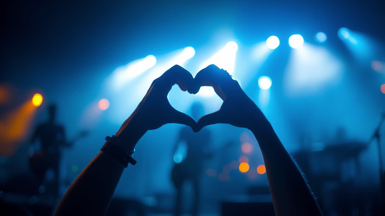 Hands forming heart shape at concert with blue and orange lights