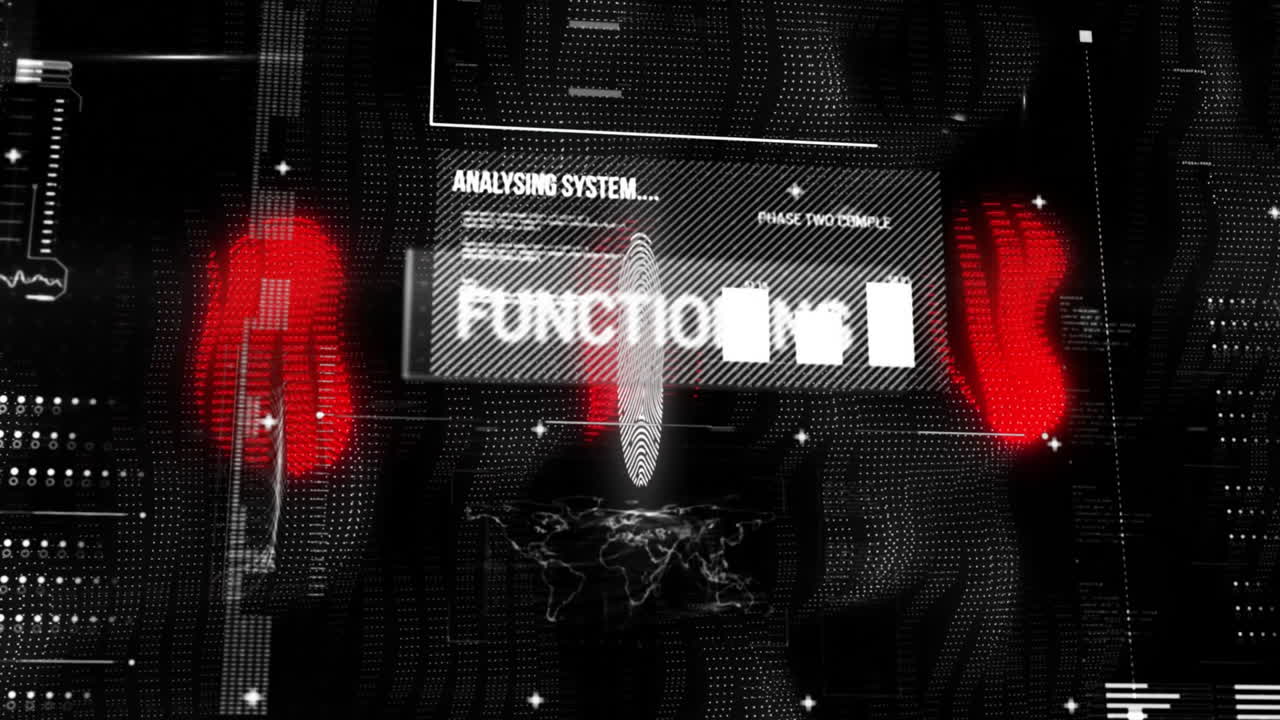 Fingerprint scanning and data analysis animation over digital interface with text and graphics