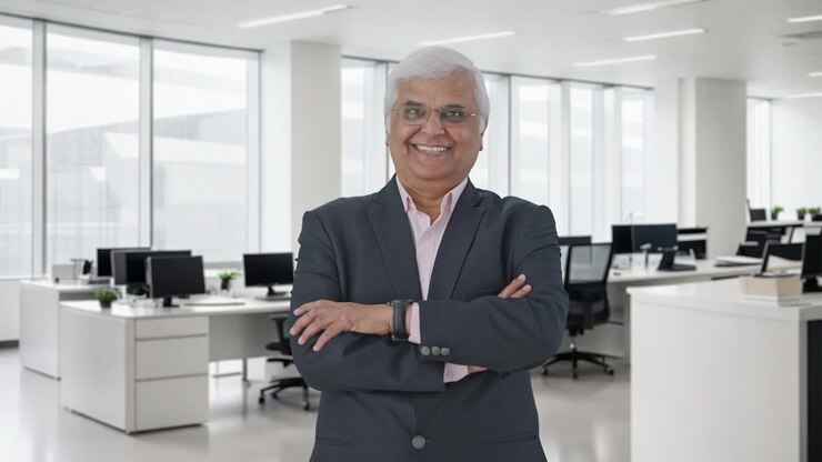 Happy Indian senior businessman standing crossed hands