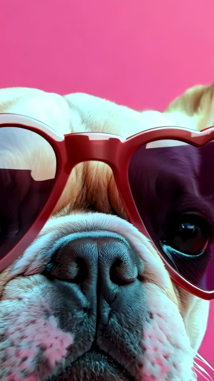 A dog wearing pink sunglasses with heart shaped lenses. The dog is looking at the camera. The image has a playful and cute mood