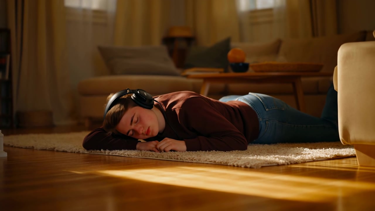 Ung hvit kvinne tar en lur på teppe ved siden av sofaen, iført hodetelefoner og genser, ettermiddagssol varmer tre.