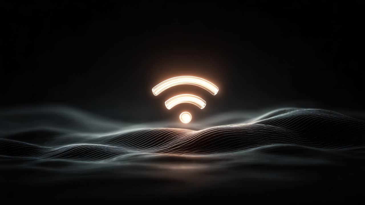 A High-Contrast Visualization of a Dynamic Wi-Fi Signal Icon Emerging from Modern Wave Patterns in a Darkened Ambient Environment