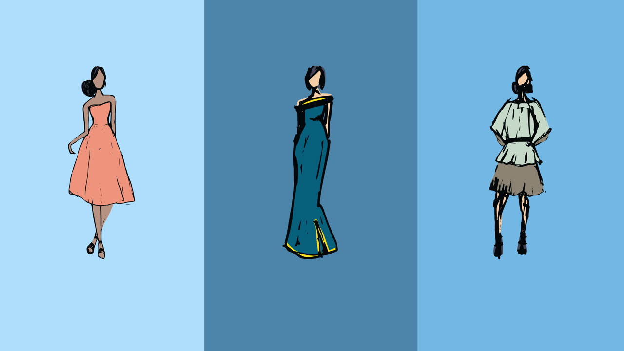 파란색 배경 에 있는 모델 의 패션 그림 의 애니메이션