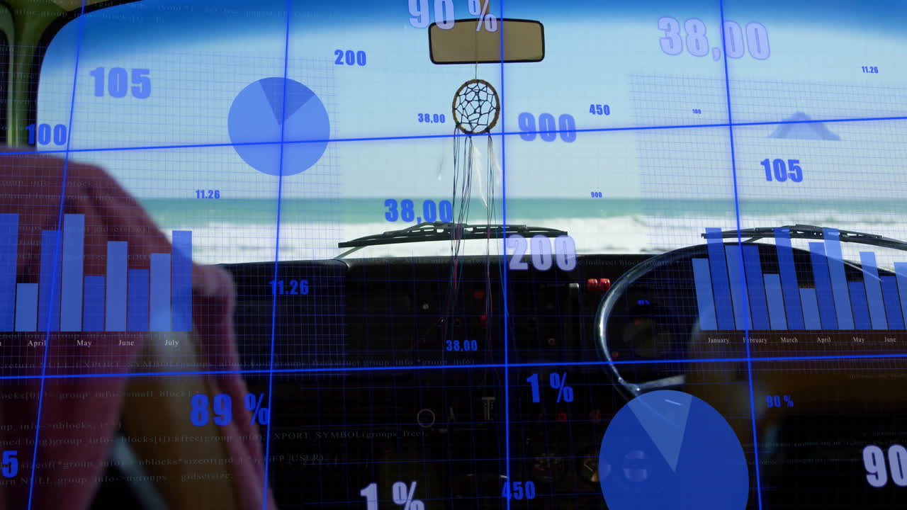 Data visualization animation over car dashboard with ocean view in background