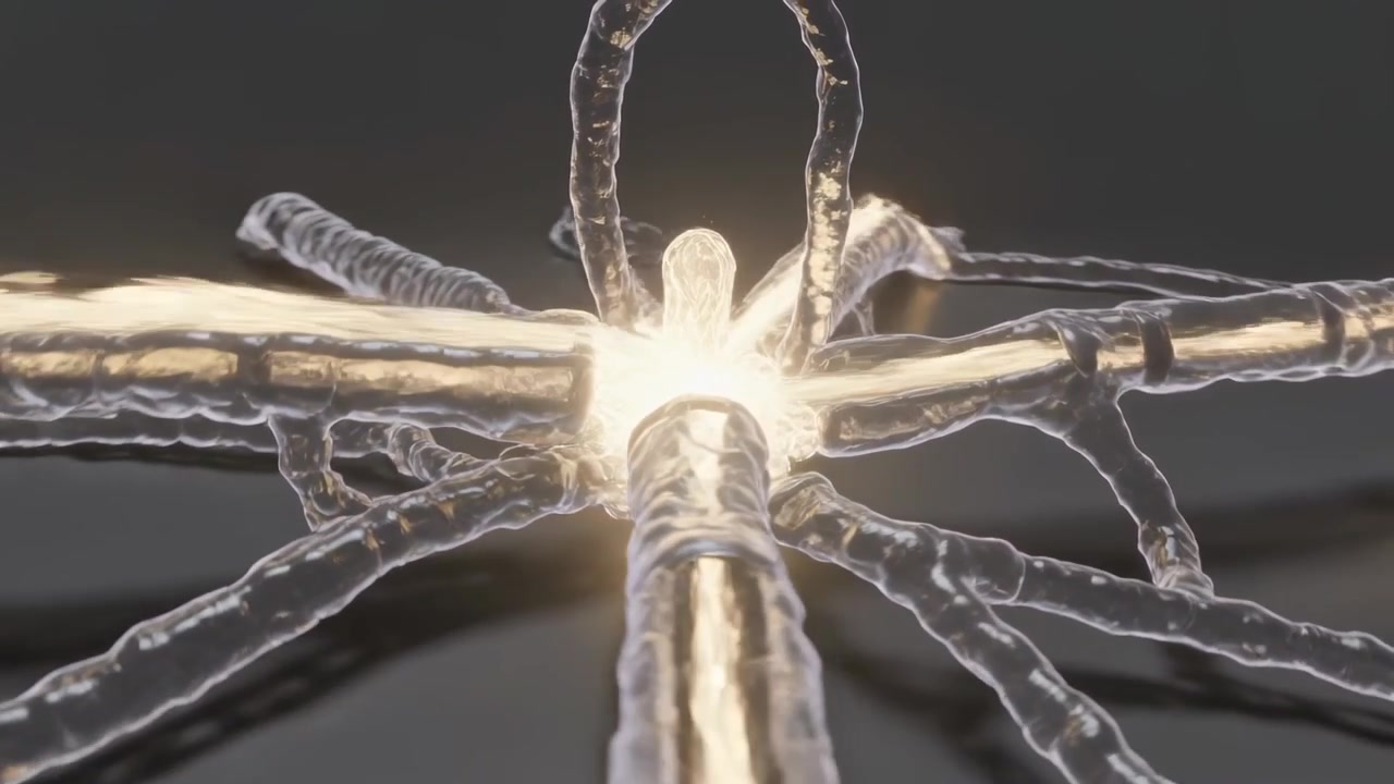 Pulsing core sending golden light along filaments and arching loop on dark plane, making trails