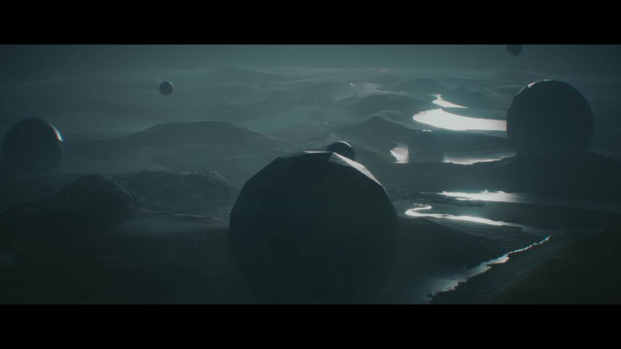 Alien planet desert landscape at night with strange sphere-shaped buildings