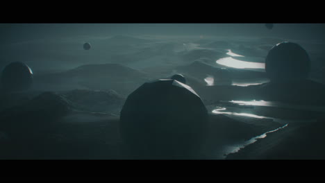 alien planet desert landscape at night with strange sphere-shaped buildings