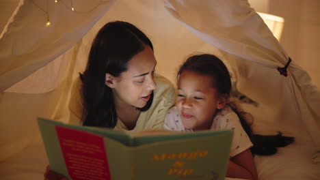 mother and daughter reading together in a tent