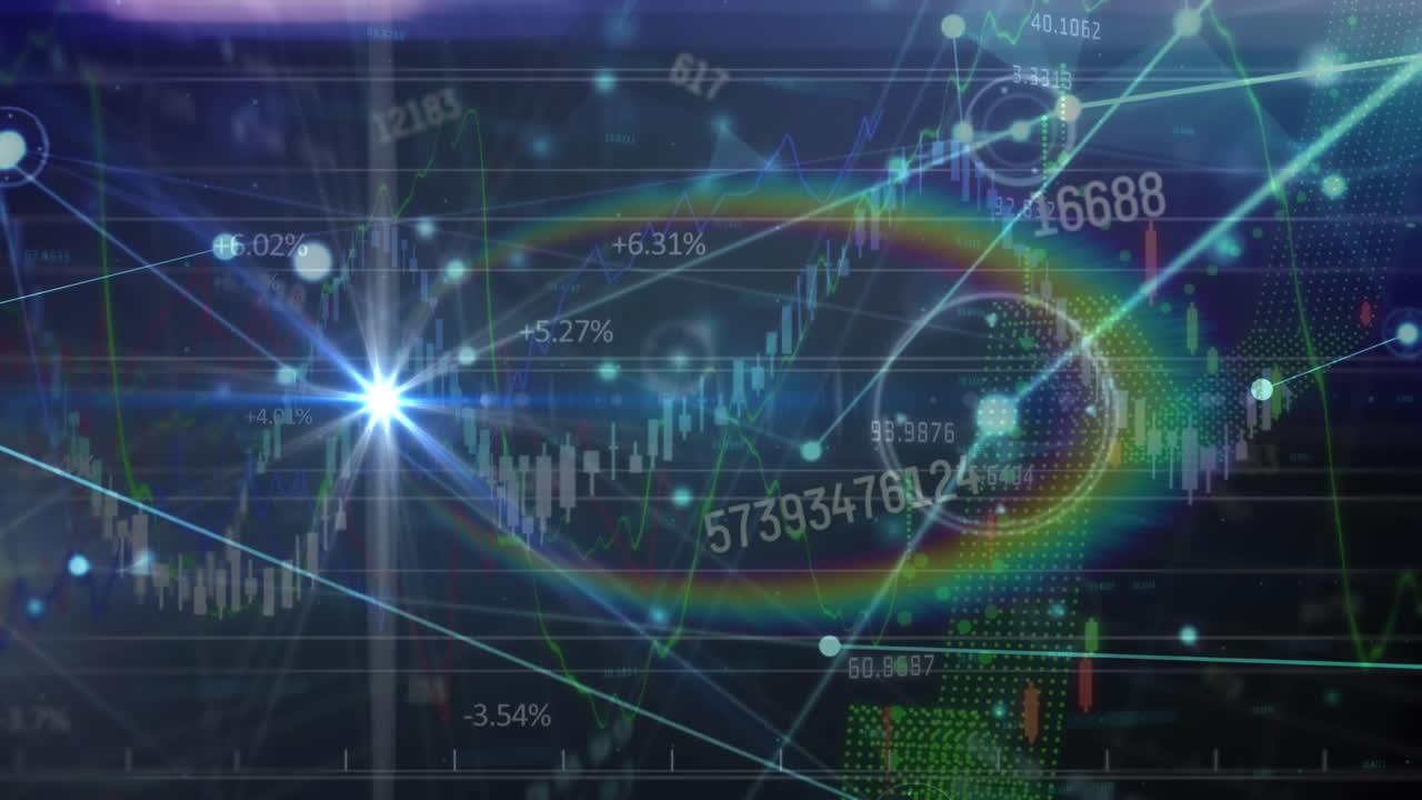 추상적인 배경에 지구, 원, 디지털 시계 및 여러 그래프를 형성하는 점의 애니메이션