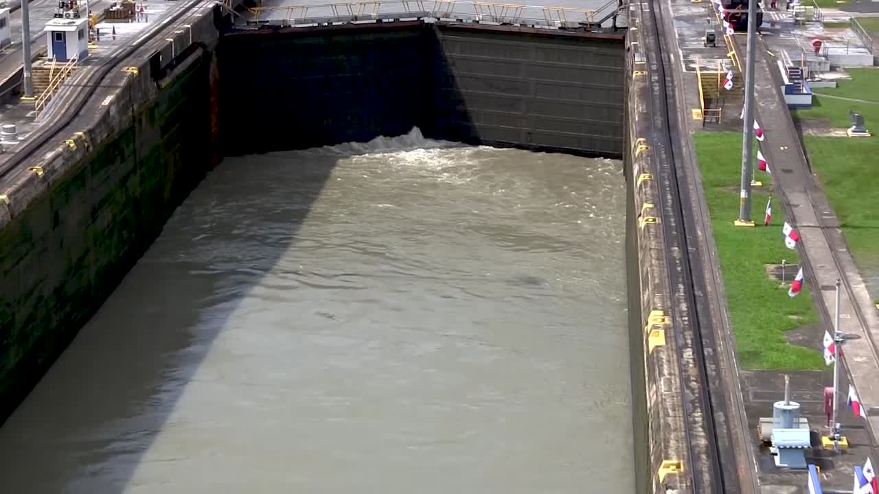 Aerial view of the locks in the Panama Canal filling.