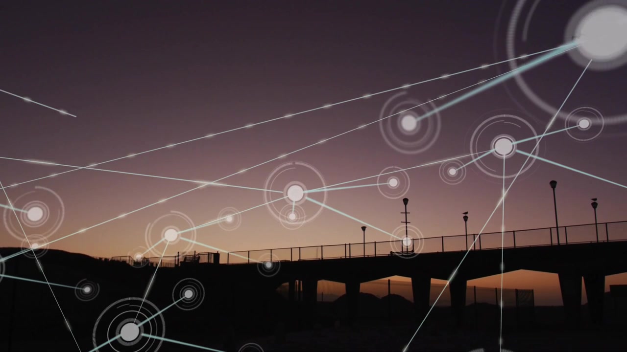 Node starting from left horizon sparking lit nodes linking, pulsing over bridge showing network