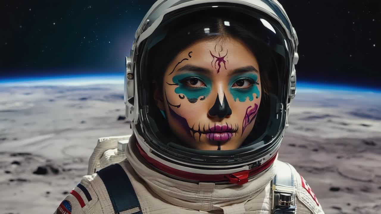 Astronaut med sukkerkranie-makeup på månen
