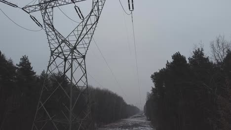 revealing shot of power lines and snowy forest on a snowy winter day in warsaw poland