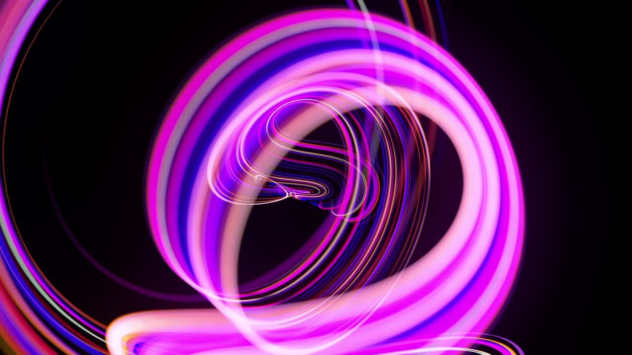 Motion graphics, sci-fi bg. Stream of multicolor neon lines form spiral shape, curls and pattern. Abstract background with light trails, Modern trendy motion design background. Light flow bg in 4k.