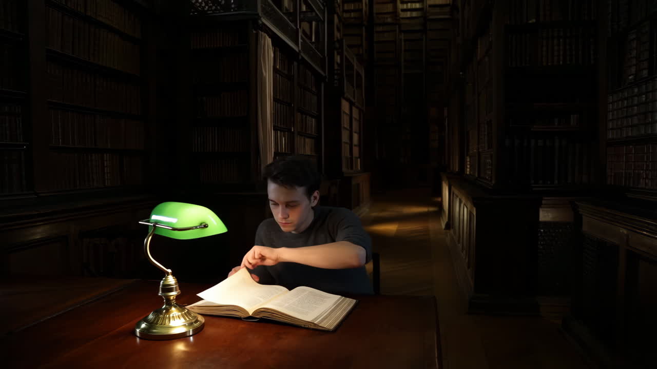 Young man reading a book in a dimly lit, antique library