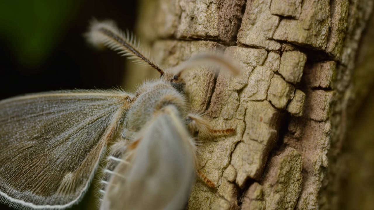Soft-focus close-up of a pale moth resting on cracked tree bark, with dark blurred surroundings and a natural textured background creating a moody scene