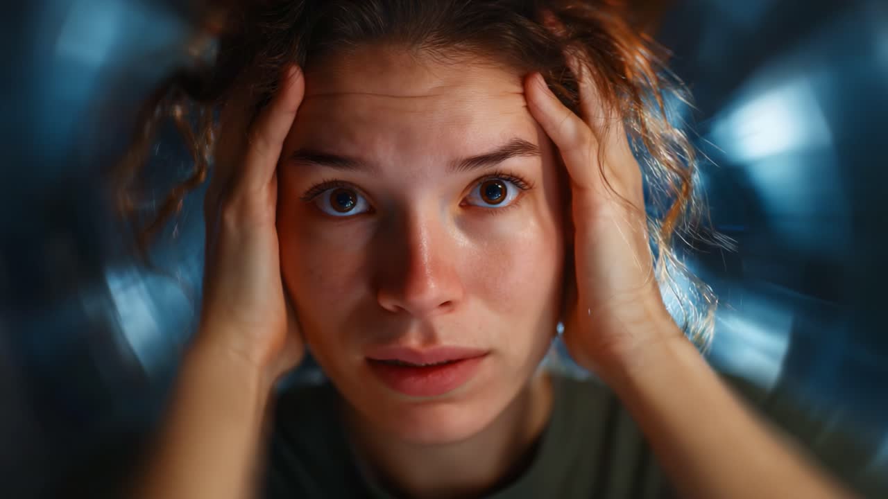A Close-Up Emotional Portrait of a Young Woman Displaying Distress and Anxiety with Hands on Head, Capturing a Moment of Internal Struggle and Uncertainty