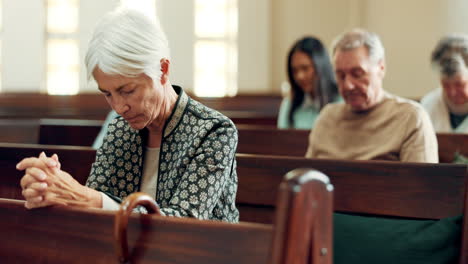 faith, prayer or old woman in church for god