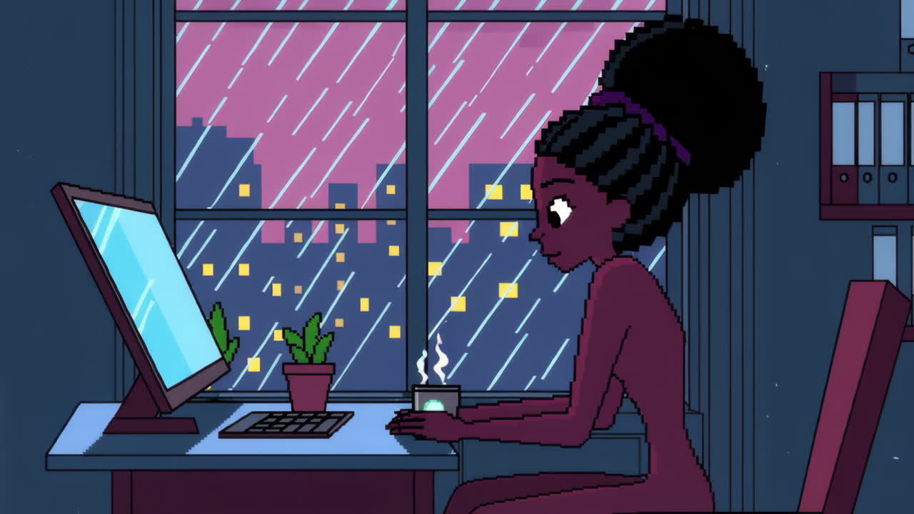 Donna in pixel art al lavoro di notte