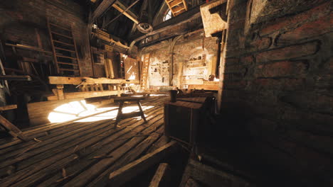 rustic workshop filled with sunlight and wooden furnishings in an old building