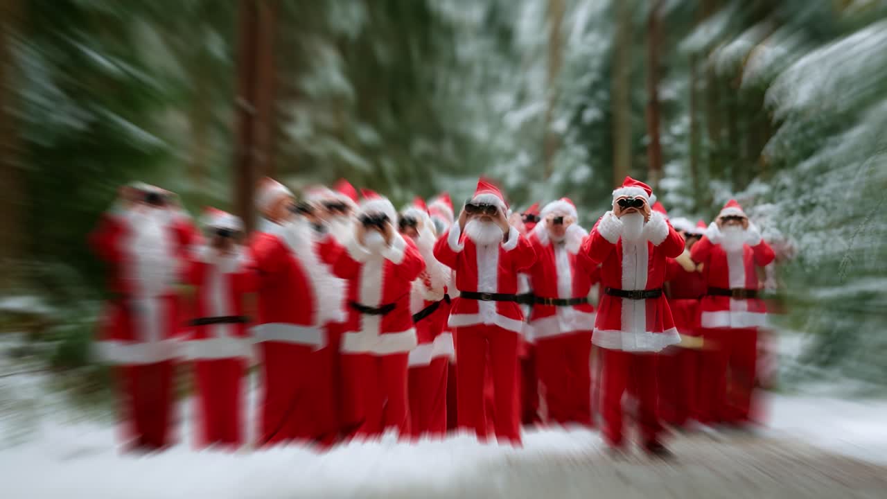 A Mysterious Gathering of Santa Clauses in a Snowy Forest, Capturing the Joy and Festivity of the Holidays, with Multiple Characters Dressed in Iconic Red Costumes Surrounded by Nature's Beauty