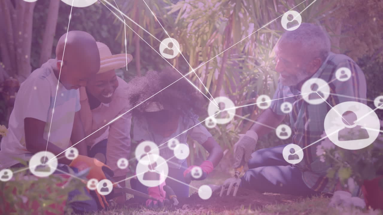 아프리카계 미국인 가족이 정원에서 함께 정원 가꾸는 것을 반대하는 프로필 아이콘 네트워크