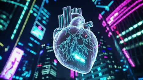 futuristic glowing heart in a cityscape