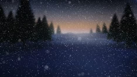 Animation-of-snow-falling-over-winter-landscape-and-northern-lights