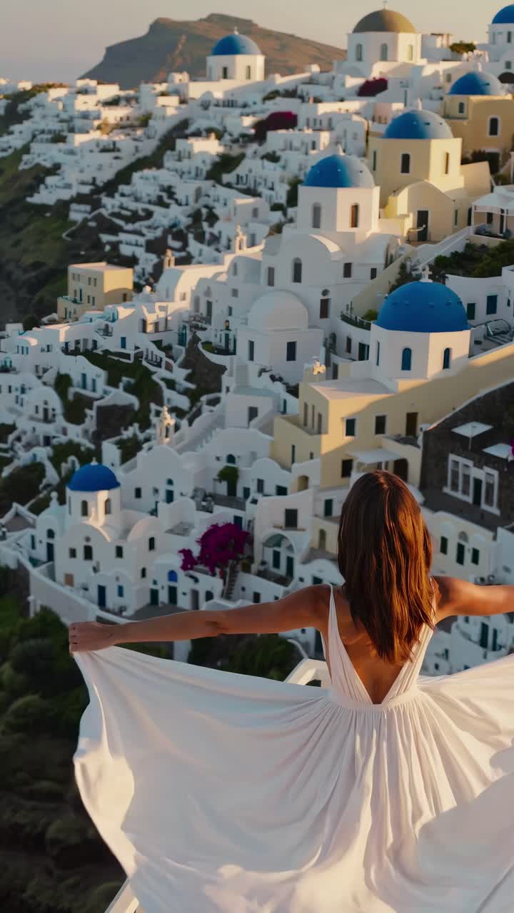 Aerial video captures a woman in a flowing dress overlooking Santorini's iconic white and blue