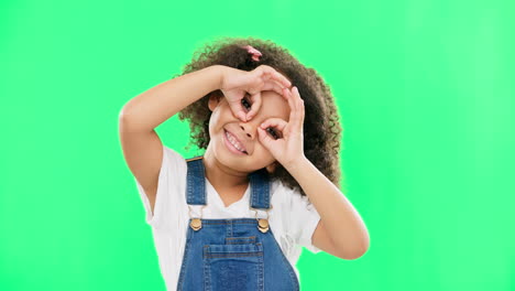 green screen, happy and child with hands by eyes