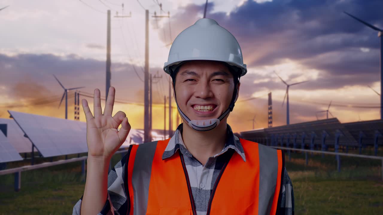 Close Up Of Asian Male Engineer With Safety Helmet Smiling And Showing Okay Gesture To The Camera While Standing With Solar Panel and Wind Turbines