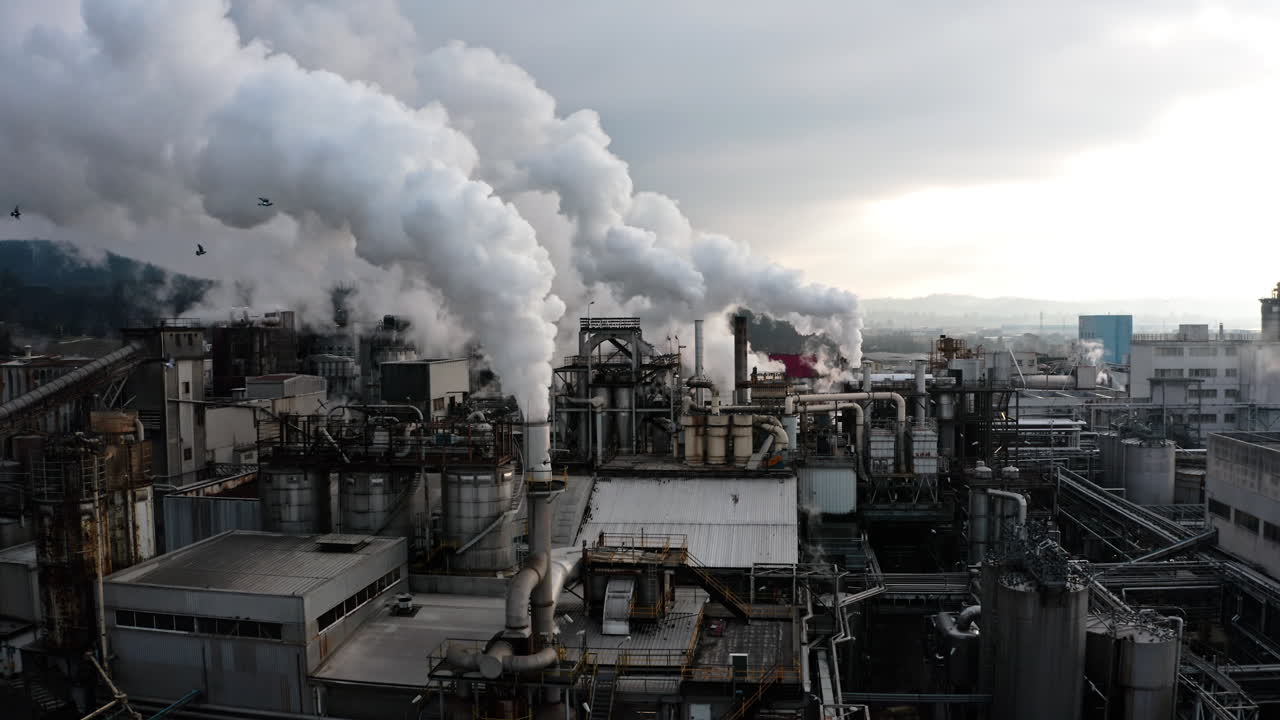 Industrial factory emitting thick white smoke, symbolizing pollution and environmental impact
