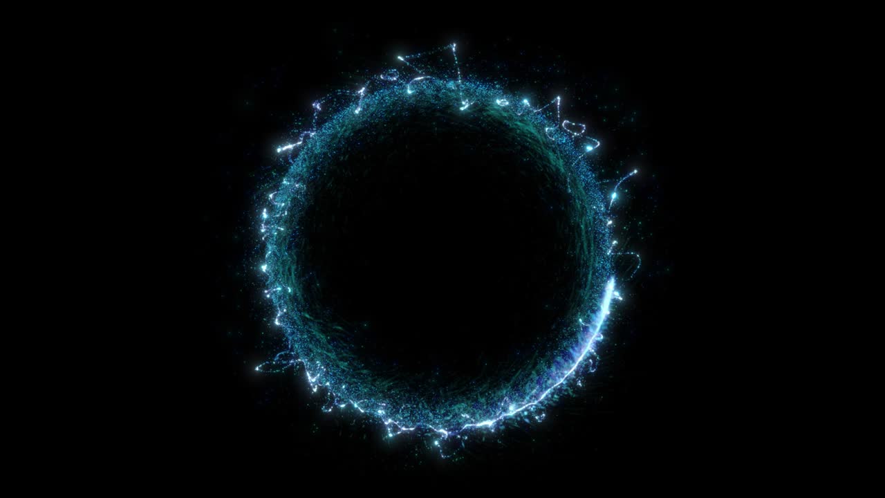 animación de un portal azul redondo formado por partículas y ráfagas de energía aisladas en fondo negro con alpha luma matte vfx cg 4k.