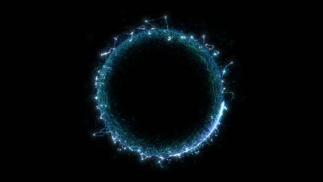 seamless loop. animation of a round blue portal consisting of particles and bursts of energy isolated on black background with alpha luma matte vfx cg 4k.