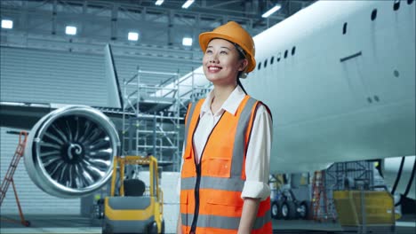 mujer ingeniera en el hangar de mantenimiento de aeronaves