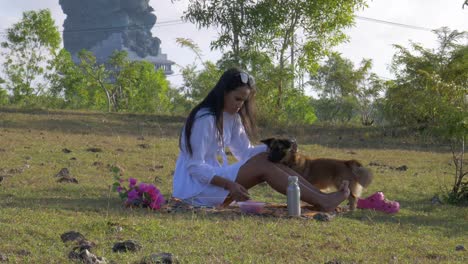 chica asiática con vestido blanco sentada en un césped y mascotas un perro marrón