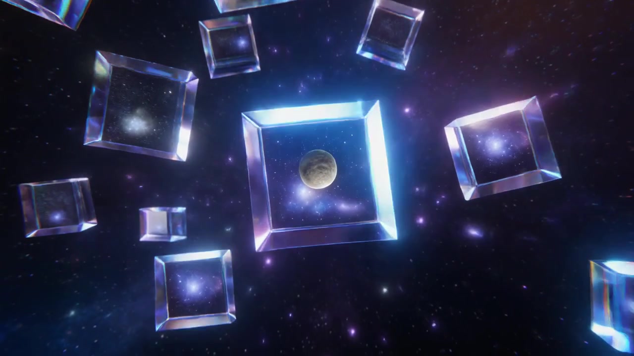 Floating Glass Cubes Containing Galaxies in Deep Space