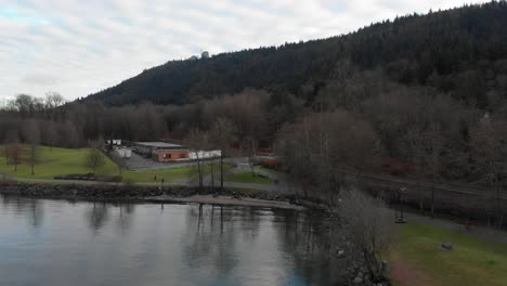 various drone shots around barnet marine park in burnaby, british columbia, canada